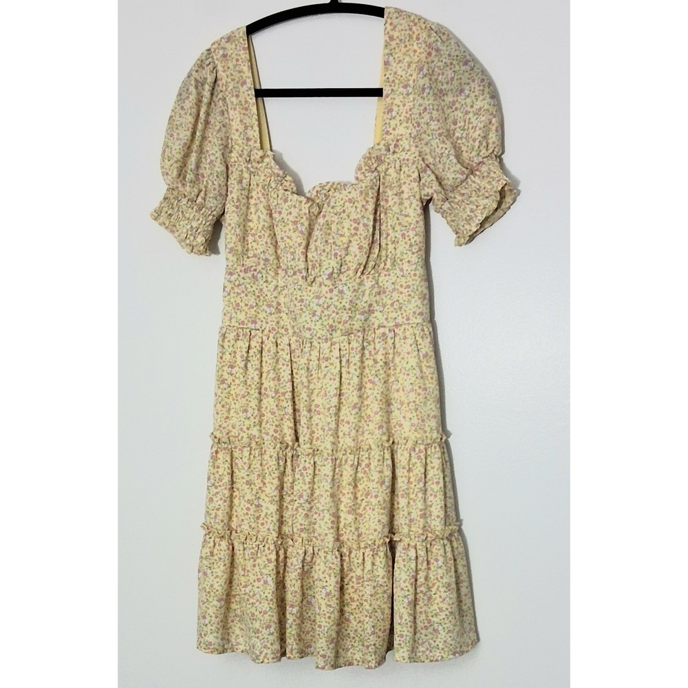 Trixxi Mini Dress Size Medium Smocked Floral Yellow Tiered Puff Sleeve Pre-owned